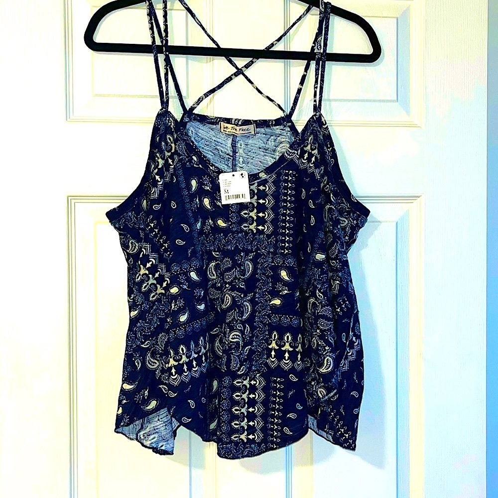 We the Free / Free People Women's Navy Combo Paisley Cross Back Hey Girl Tank M